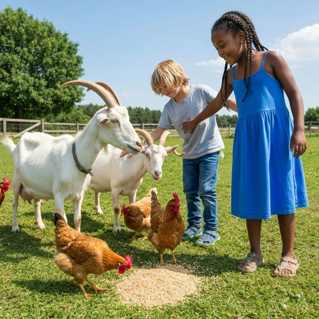 Children interacting with friendly farm animals