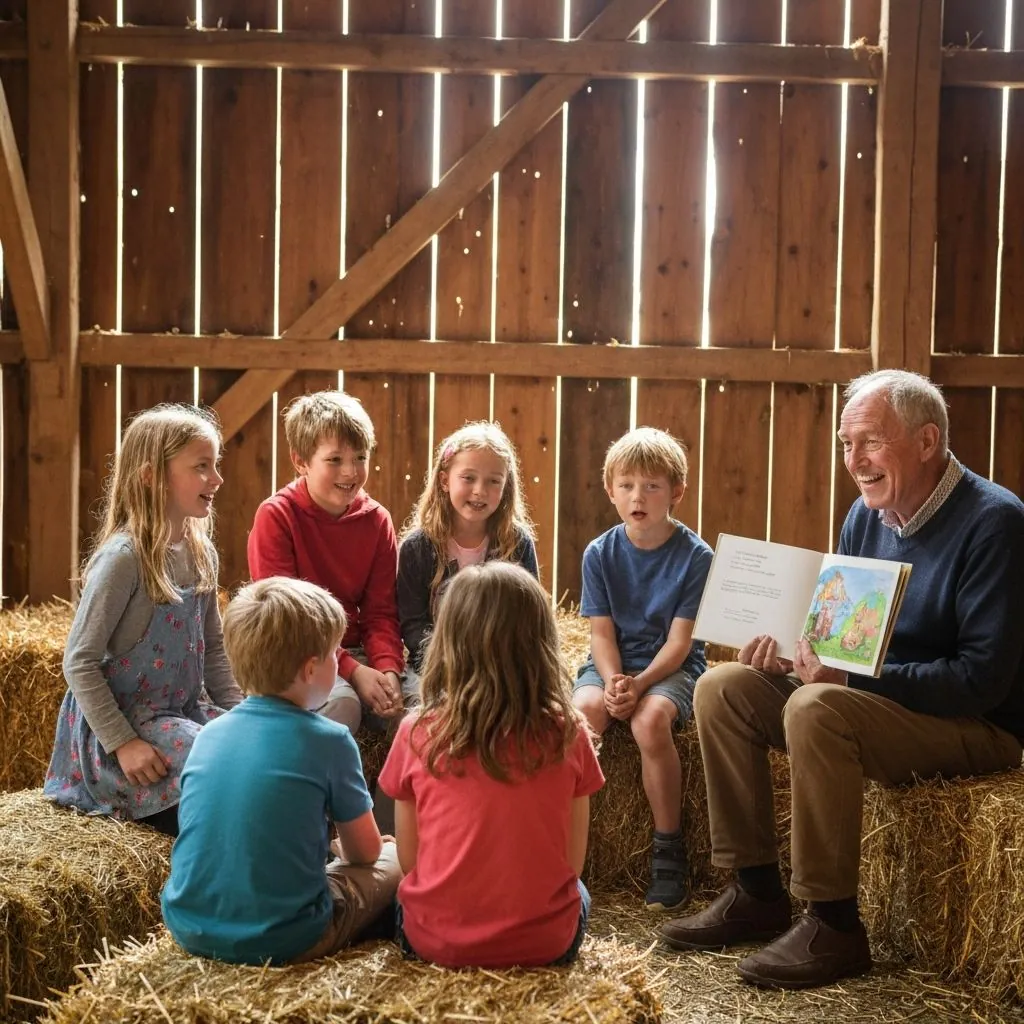 Story time on hay bales in barn setting