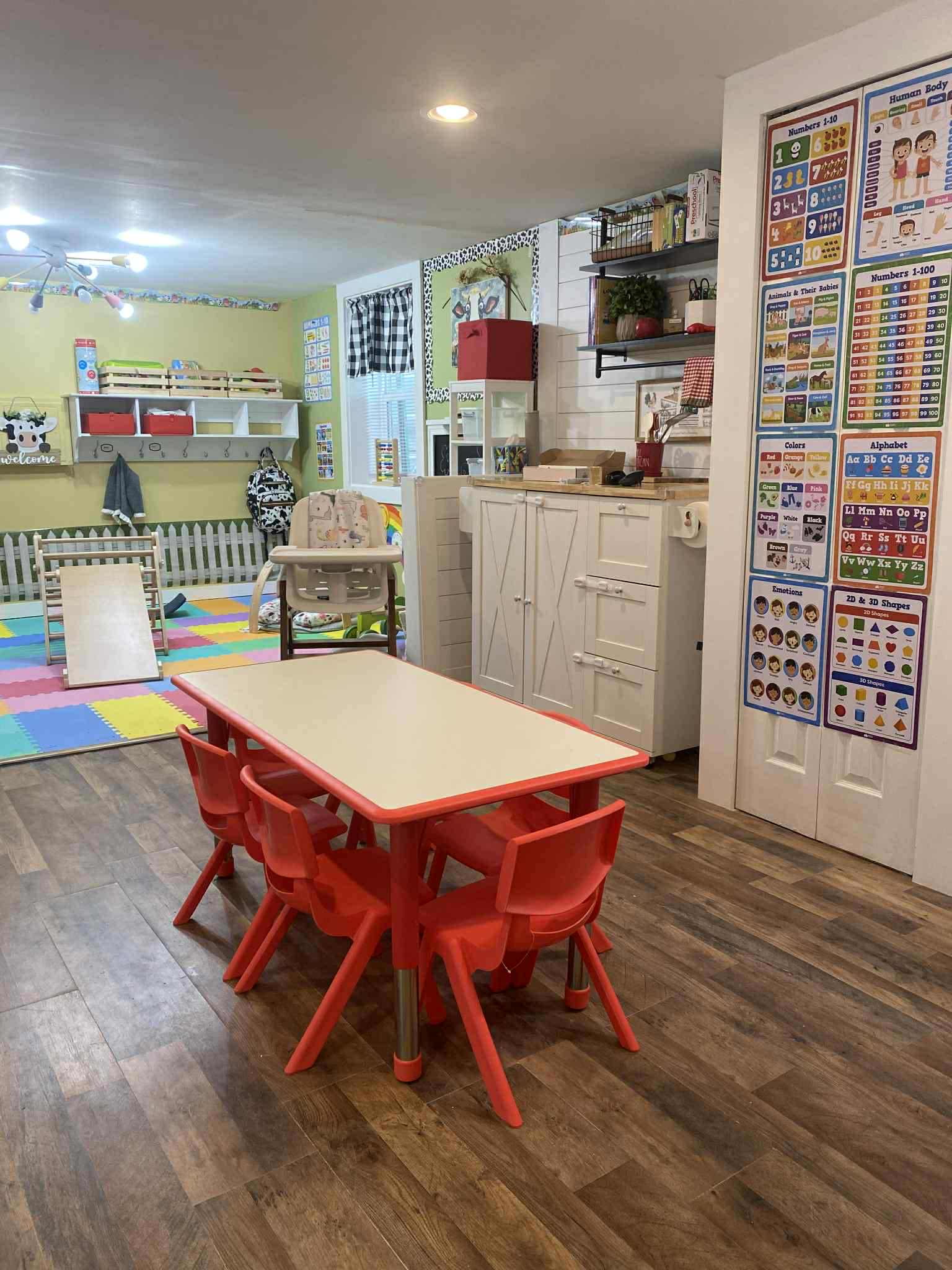Bright farmhouse classroom with colorful learning materials