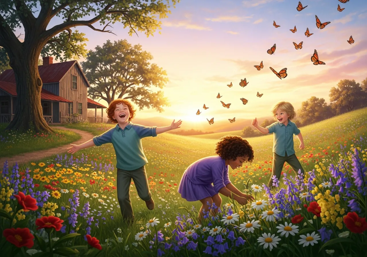 Children playing in wildflower field at sunset
