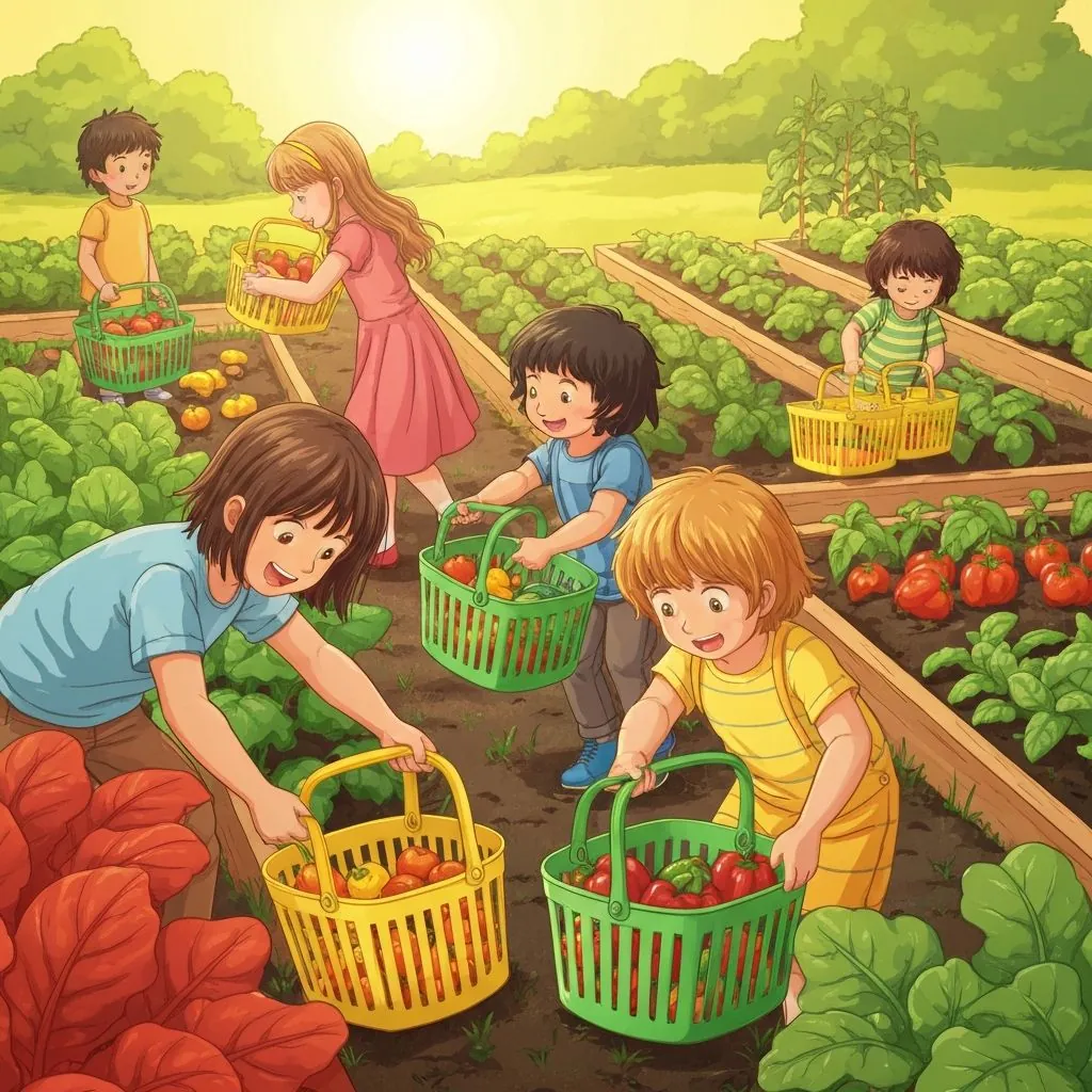 Kids harvesting fresh vegetables from garden